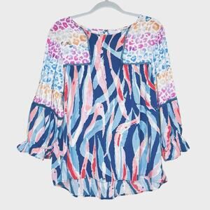 Umgee Womens Mixed Print Top Blouse Size L Teal Blue Beachy Boho Rainbow